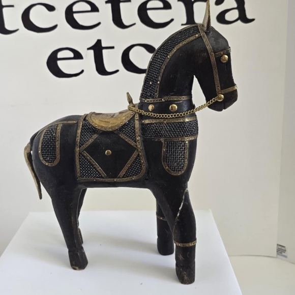 Hand Carved Wooden Horse Brass & Copper Accents Statue Figurines Set Of 2 - Picture 9 of 10